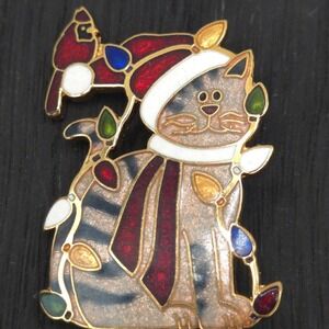 Fish & Crown Christmas Kitty Cat‎ 22k GP Lights Cardinal Bird Brooch Pin Holiday